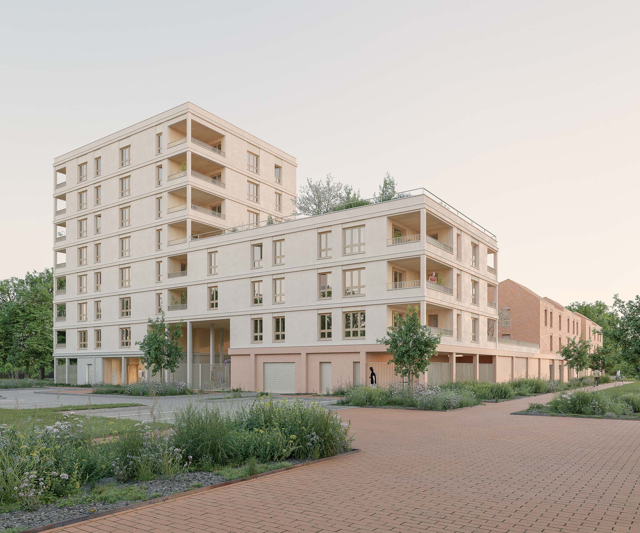 Perspective 3D du projet de logements collectifs à Rennes, quartier La Courrouze, montrant les façades en enduit clair, les loggias, les espaces paysagers et les cheminements piétons.